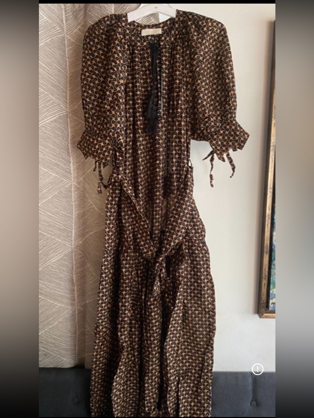 Ulla Johnson Brown Printed Maxi Dress with Black Tassel Tie Sz Small